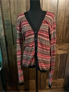 Missoni Striped V-Neck Button Cardigan Sweater - red/Multi M/ L